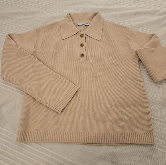 MANGO Beige Cable Knit Sweater, Polo-neck With Buttons - Picture 2 of 5